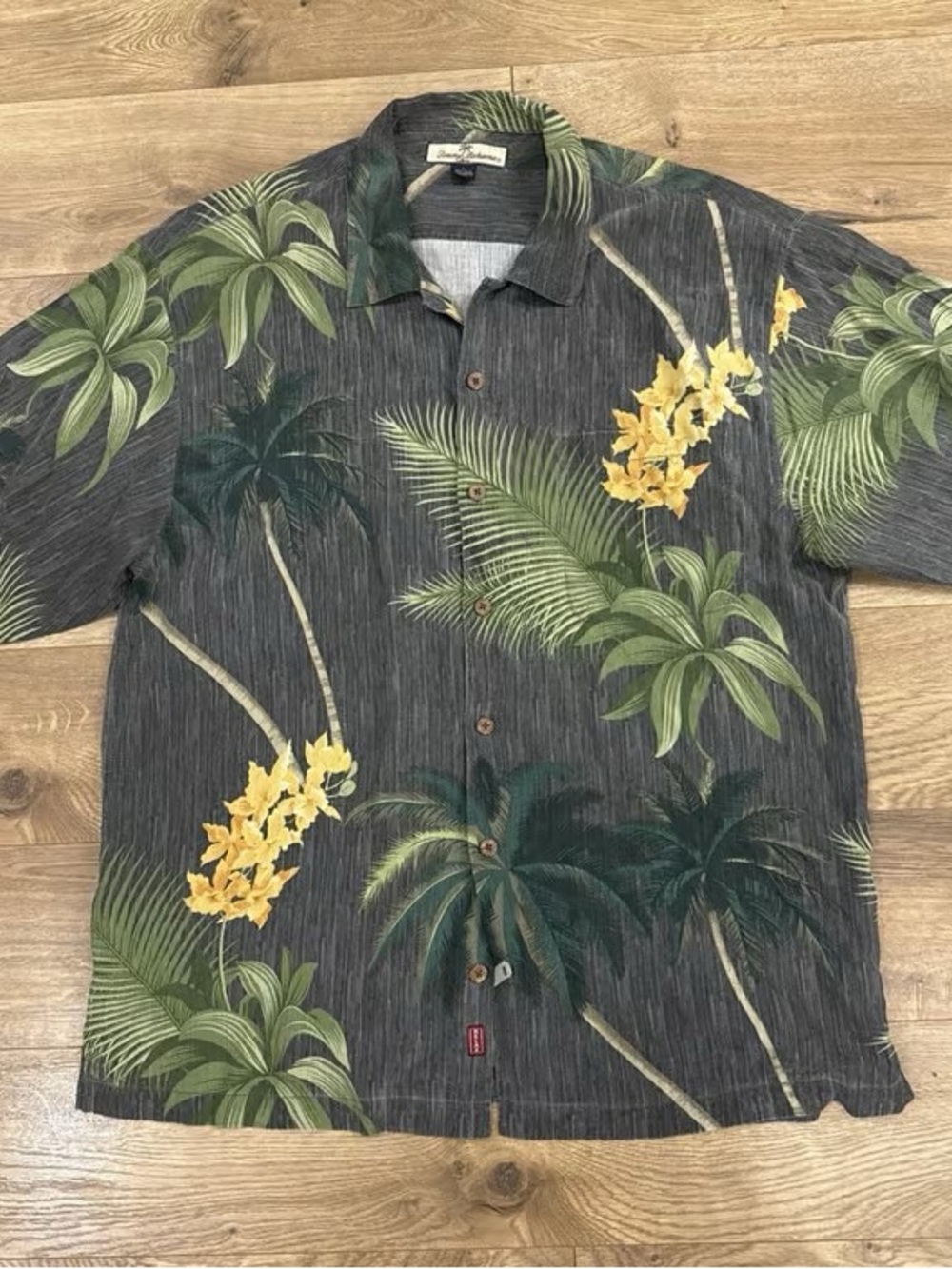 Tommy Bahama Dark Gray Tropical Palm & Yellow Orchid Camp Shirt